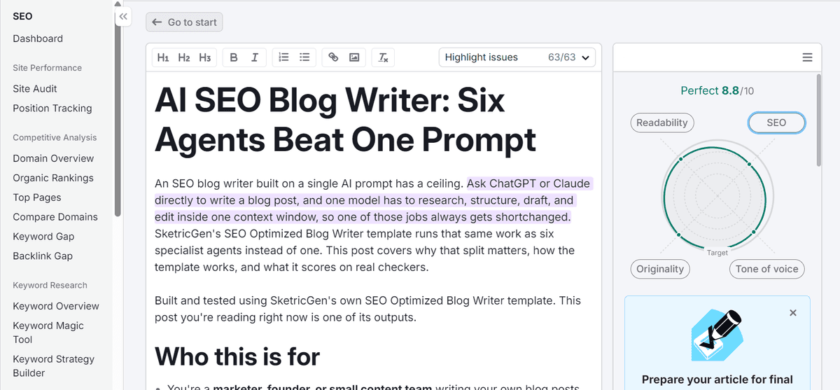 Semrush Blog writing score