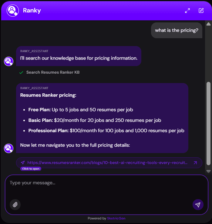 Chat widget answering a pricing FAQ from the brand knowledge base