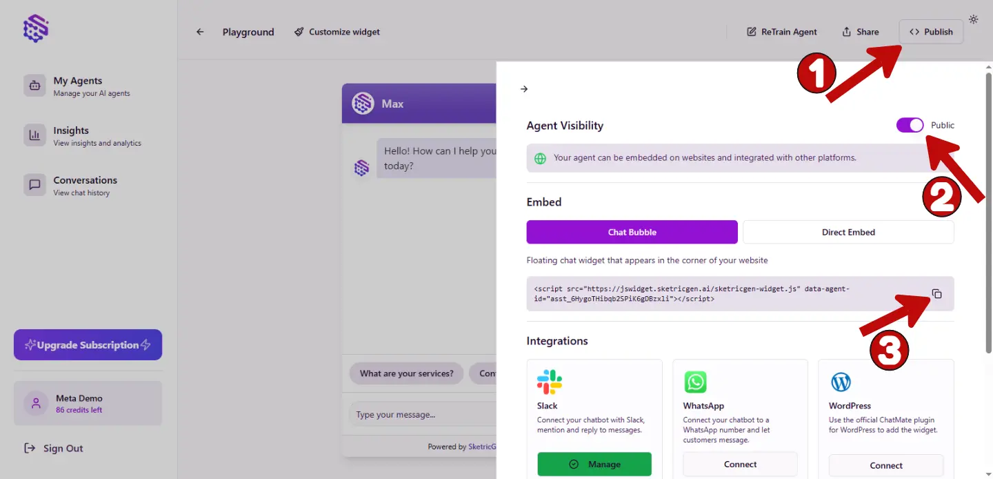 Step 2: Copy the sketricgen chatbot embed code