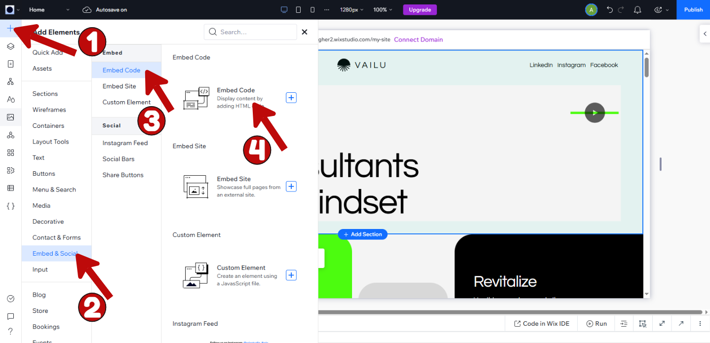 Embed Code under Add Elements